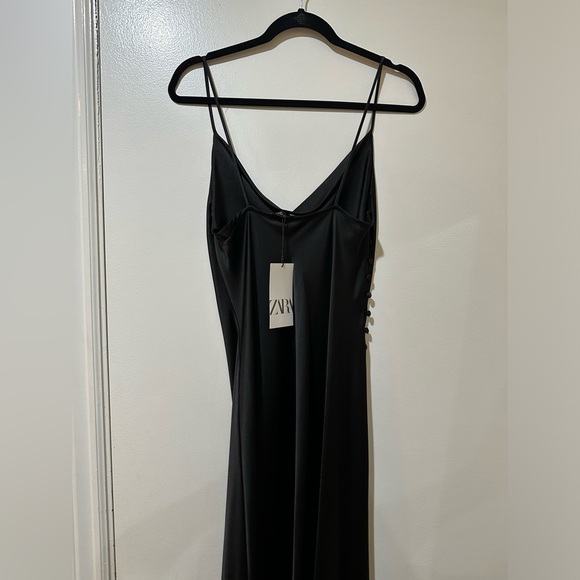 Zara Black Satin Camisole Draped Neck Button Detail Slip Midi Dress - Picture 7 of 7
